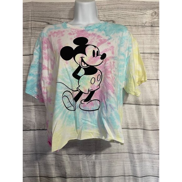Disney Mickey Mouse Tie-Dye Cropped T-Shirt Medium Cotton Colorful Design - Picture 1 of 4
